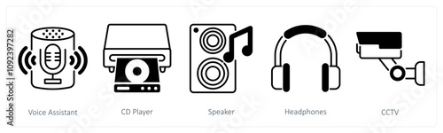 A set of 5 Home Appliances icons as voice assistant, cd player, speaker