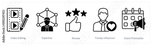 A set of 5 Influencer icons as video editing, expertise, revie