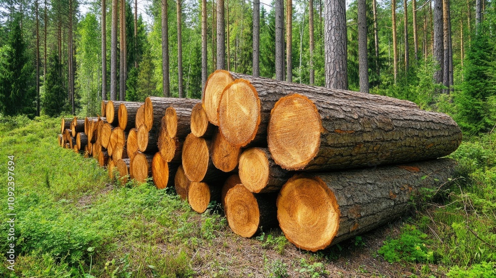 Pine and spruce trees in a serene forest with neatly stacked log trunks, showcasing the timber logging industry's natural resources and sustainability. Pine and spruce trees in a serene forest with neatly stacked log trunks, showcasing the timber logging industry's natural resources and sustainability.