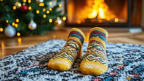 Cozy yellow wool socks by fireplace, Christmas tree.