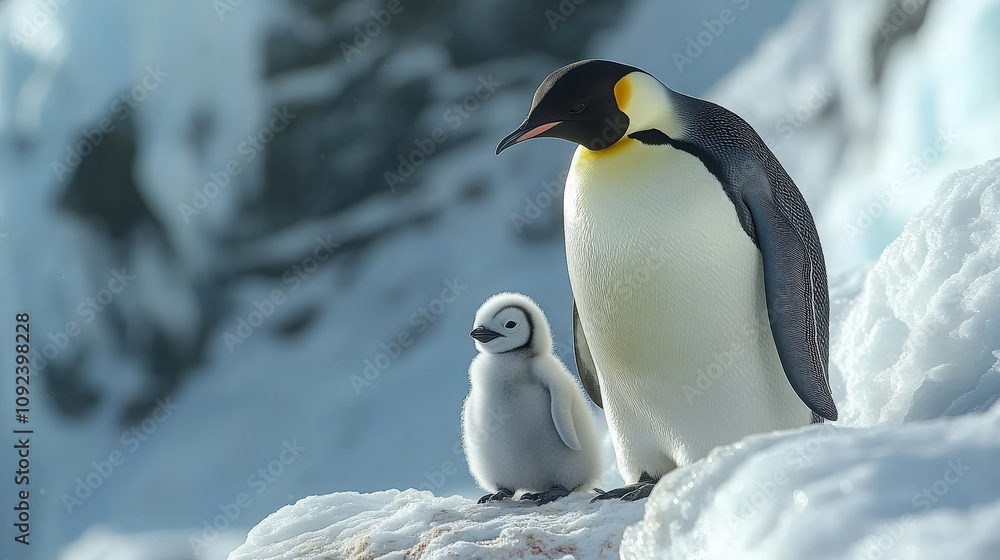 Obraz premium Majestic Emperor Penguin and Adorable Chick Standing on Ice in a Stunning Frozen Landscape with Glimmering Icebergs in the Background