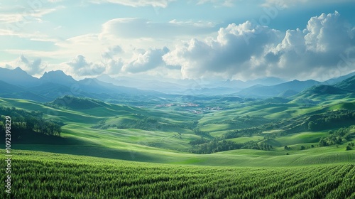 Vibrant green fields stretch across a breathtaking landscape, with distant mountains and fluffy clouds creating a serene and picturesque view.