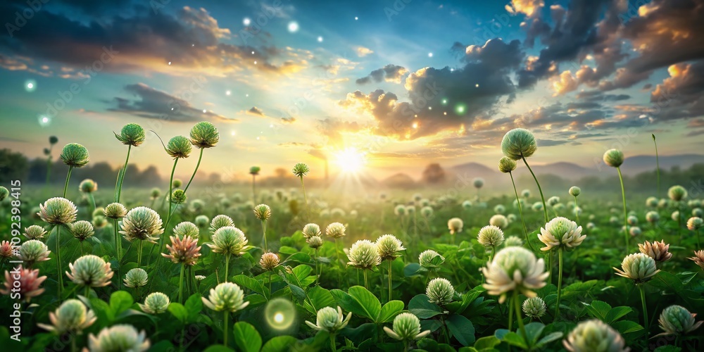 Obraz premium Enchanted Field of Clovers Under a Dreamy Sky with Floating Light Orbs, Creating a Surreal and Magical Atmosphere in Nature's Lush Green Landscape