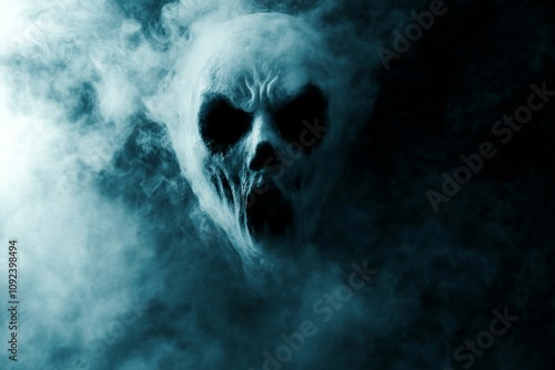 Suffering face of ghost made of smoke and mist on dark background. photo