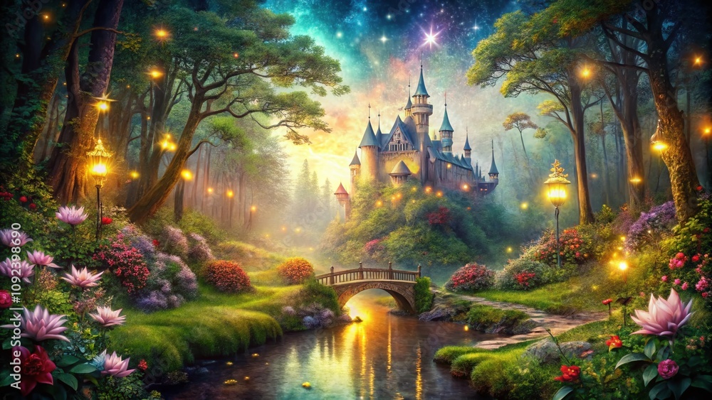 Naklejka premium Enchanted Forest Dreamscape: A Double Exposure Fairy Tale Drawing Blending Nature and Whimsy in an Ethereal Scene of Magic and Wonder