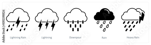 A set of 5 Weather icons as lightning rain, lightning, downpour