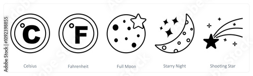 A set of 5 Weather icons as celsius, fahrenheit, full moon