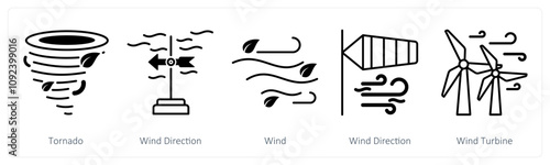 A set of 5 Weather icons as tornado, wind direction, wind