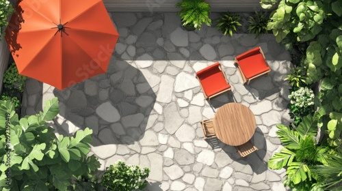Wallpaper Mural Top view icons of a patio with a table, lounge chairs, and umbrella, arranged neatly for a relaxing vibe Torontodigital.ca