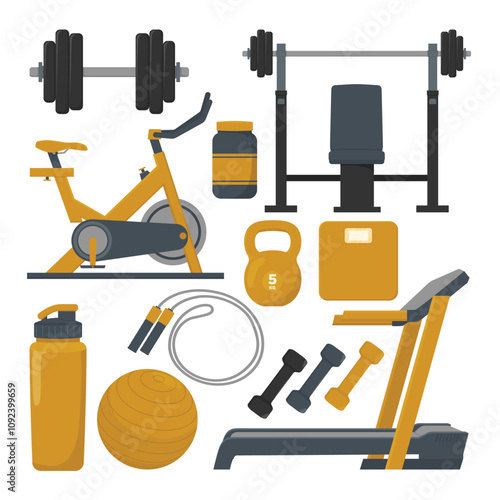 Fitness gym equipment icons set. Vector illustration of fitness equipment isolated on white background.