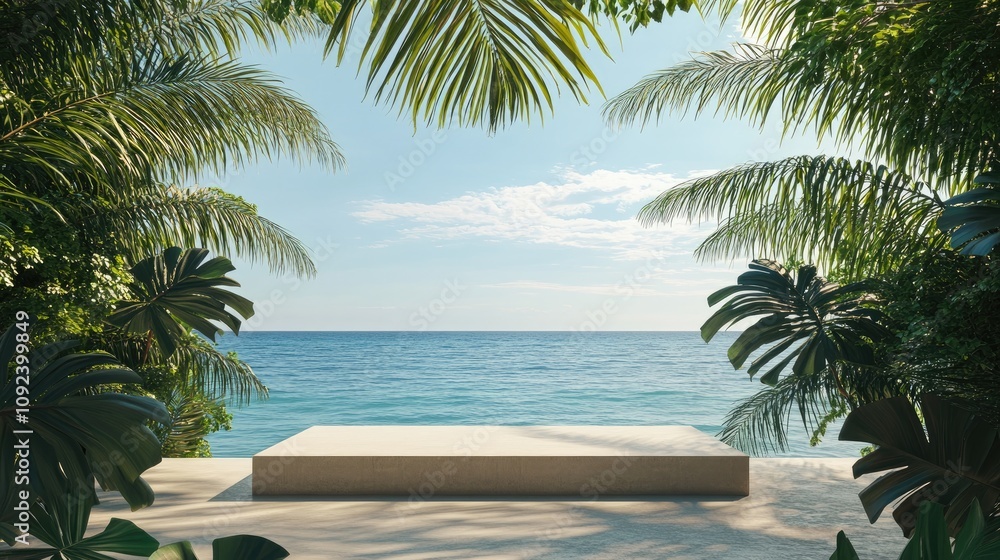 Fototapeta premium Podium nestled in lush greenery with palm leaves, overlooking a serene sea under a clear blue sky. Ideal for outdoor events or presentations.