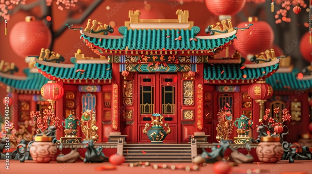 Fototapeta premium A vibrant traditional Chinese building adorned with lanterns and decorations for a festive celebration.