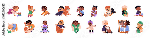 Babies life set. Diverse cute infants play with toys, sleep. Amusing little children with diaper, pacifier have fun. Kids rest, crawling, walk with walker. Flat isolated vector illustration on white