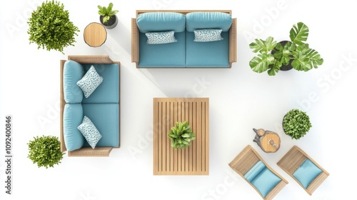 Top view of patio lounge icons with sofa set, coffee table, and decorative plants