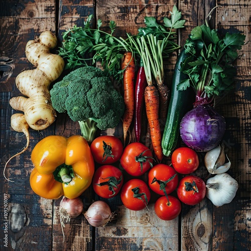 Fresh organic vegetables broccoli, carrots, peppers, tomatoes, garlic, ginger, zucchini, and parsley on rustic wood.