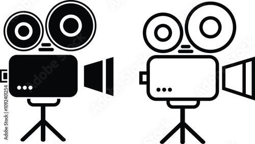Video Camera Icon Set, Traditional Video Camera Recorder Vector Illustration, Black and Outline Style, Media Recording Equipment, Videography Icon Collection