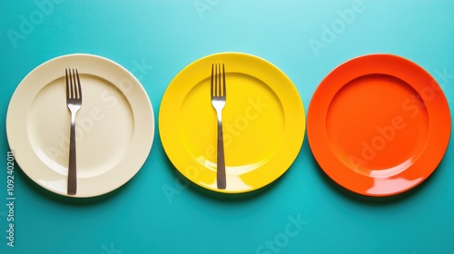 Colorful empty plates with forks, ideal for emphasizing portion control in intermittent fasting and low carb eating on a ketogenic diet.