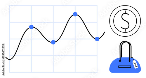 Financial graph with fluctuating data points, dollar sign within a circle, and handbag with price tag. Ideal for finance, sales, market analysis, retail strategies, investment trends, economic