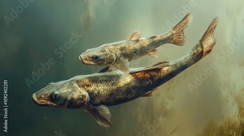 Mother snakehead murrel fish swimming near the surface with her offspring, captured in an overhead shot as they breathe in the water. photo