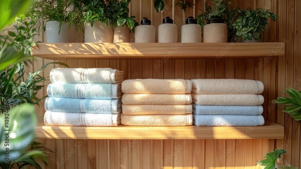 Neatly arranged towels on a wooden shelf with plants. Neatly arranged towels on a wooden shelf with plants.