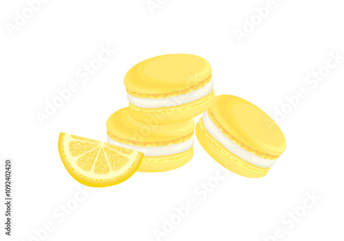 Lemon macaroons isolated on white. Vector cartoon illustration of sweet dessert. Yellow french cakes