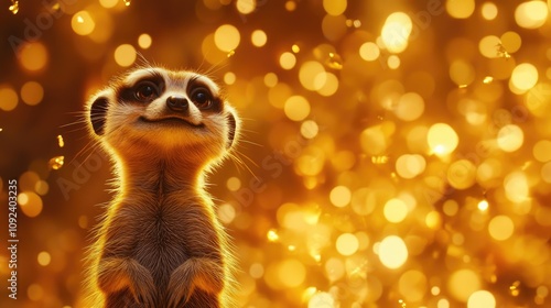 Wallpaper Mural Cheerful meerkat posing with a bright golden background adorned with shimmering bokeh lights, exuding a playful and joyful expression. Torontodigital.ca