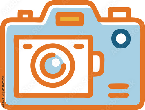 Digital Camera Illustration with Lens, Flat-style illustration of a digital camera featuring a detailed lens, symbolizing photography, imaging technology, and professional equipment.