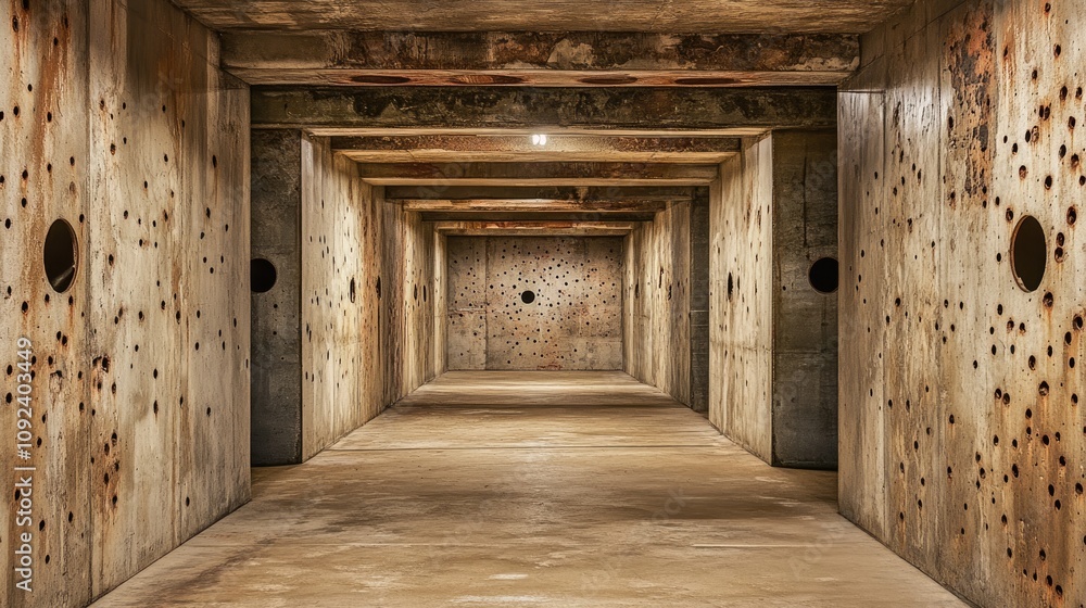 Fototapeta premium Rustic shooting range corridor with textured walls marked by bullet holes, enhanced by dramatic lighting and a gritty atmosphere.