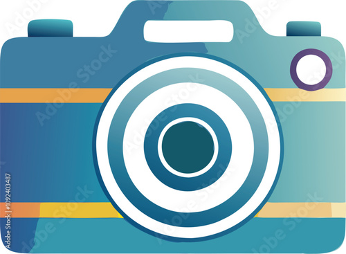 Digital Camera Illustration with Lens, Flat-style illustration of a digital camera featuring a detailed lens, symbolizing photography, imaging technology, and professional equipment.