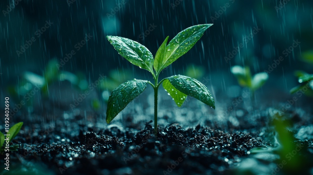 A fresh green seedling emerges from rich soil, glistening with raindrops, symbolizing growth and renewal in a tranquil, rain-soaked environment. A fresh green seedling emerges from rich soil, glistening with raindrops, symbolizing growth and renewal in a tranquil, rain-soaked environment.