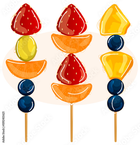 Candied Strawberry, Grapes, Orange, Blueberry & Pineapple on Skewers. Mix Fruits & Berries Tanghulu Set. Popular Chinese Street Food 