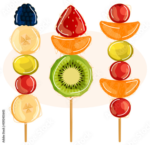 Candied Raspberry, Banana, Grapes, Cherry, Strawberry, Orange, Kiwi & Pineapple on Skewers. Mix Fruits & Berries Tanghulu Set. Popular Chinese Street Snacks