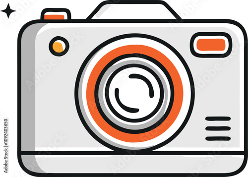 Digital Camera Illustration with Lens, Flat-style illustration of a digital camera featuring a detailed lens, symbolizing photography, imaging technology, and professional equipment.
