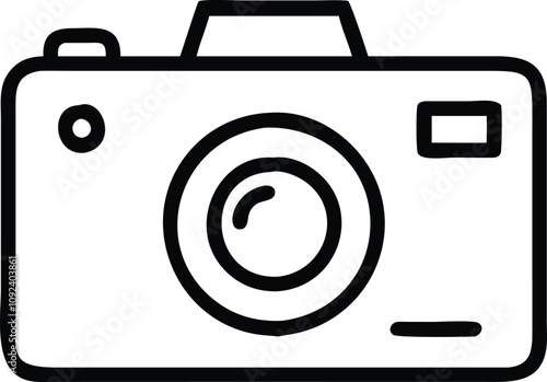 Digital Camera Line Art Icon, Black and white line art illustration of a digital camera with a detailed lens, symbolizing photography, imaging devices, and modern technology.
