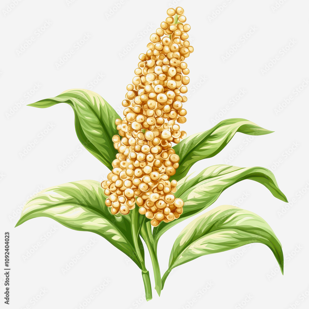 Obraz premium Detailed Illustration of Quinoa Plant with Golden Seeds and Lush Green Leaves in a Bright and Clean Botanical Style for Creative Projects