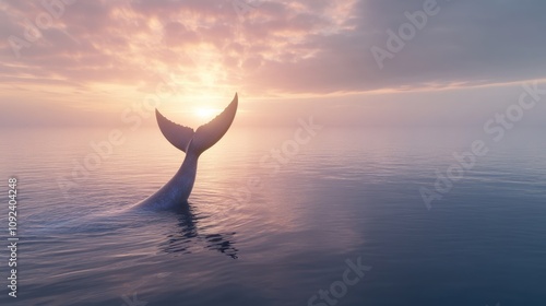 Wallpaper Mural Graceful whale tail emerging from calm ocean waters at sunrise, creating a serene reflection amidst gentle waves and pastel sky hues. Torontodigital.ca