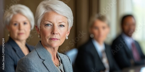 Boss woman and leadership Concept, A confident woman in a boardroom setting, with colleagues visible in the background, exemplifying leadership and professionalism. photo