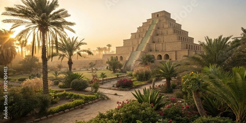 Ancient Babylonian ziggurat with stepped pyramid architecture, surrounded by lush greenery and exotic plants, set against a warm golden light background, Mesopotamia, ziggurat