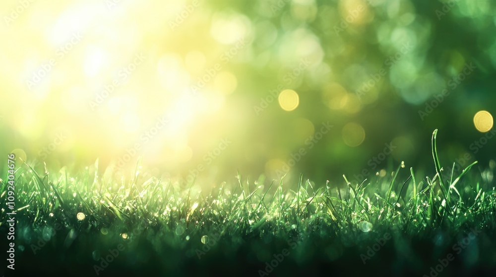 Fototapeta premium Lush green grass with sunlight filtering through creates a serene blurred background, perfect for scenic framing and ample copy space.