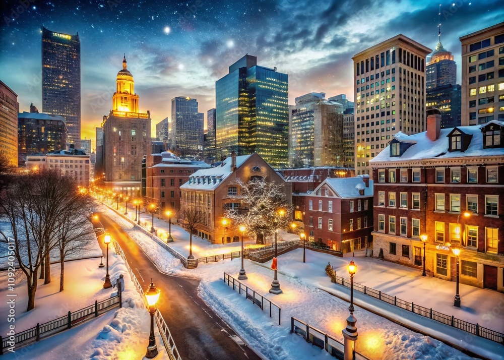 Fototapeta premium Enchanted Winter Nights in Boston: Capturing the Magic of Snow-Covered Streets and Glowing City Lights through Long Exposure Photography Techniques