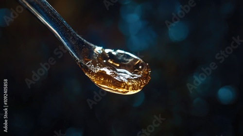 Glossy live rosin glistening on a dab tool, showcasing golden hues and intricate textures against a blurred dark background.