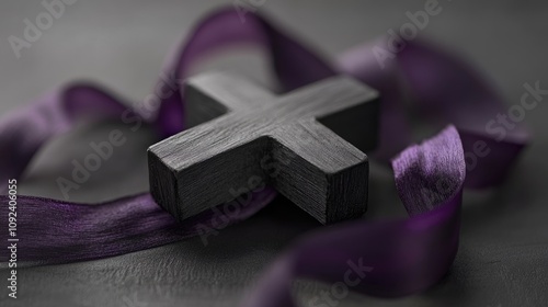 Minimalist black wooden cross nestled among flowing purple ribbon, symbolizing reflection and remembrance for Ash Wednesday.