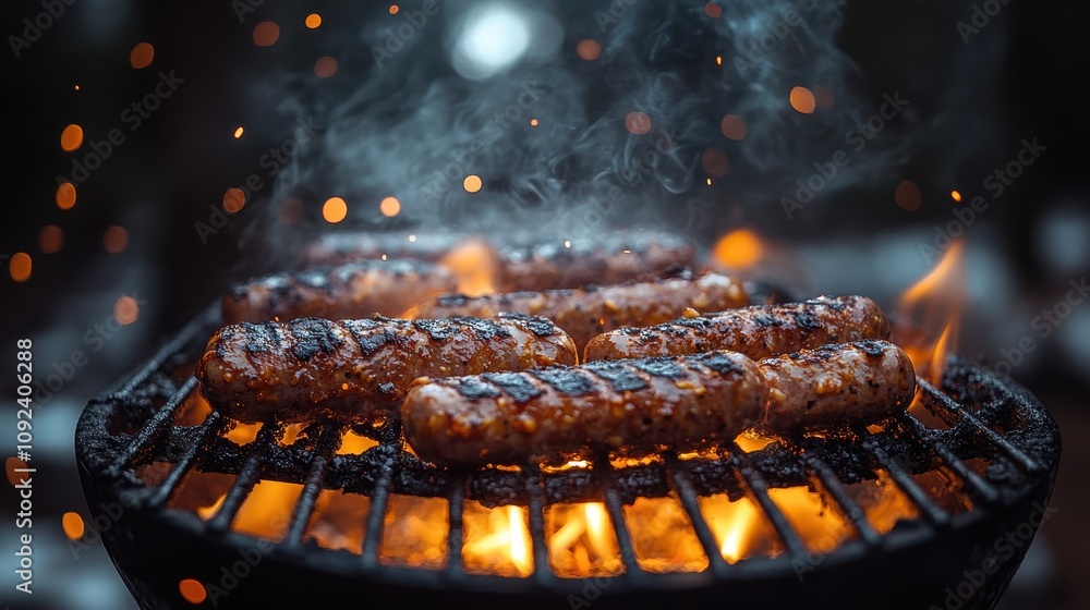 Grilled Sausages with Flames in a Lively Barbecue Setting Grilled Sausages with Flames in a Lively Barbecue Setting
