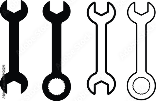 Wrench Key Icon Outline Set and Silhouette, Vector Wrench and Spanner Icons for Mechanic Tools, Transparent Background, DIY and Repair Design