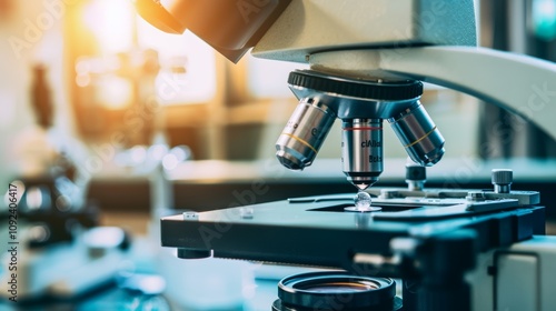 Close-up of stem cells in a petri dish under a microscope, symbolizing medical research and innovation, with scientific equipment in the background