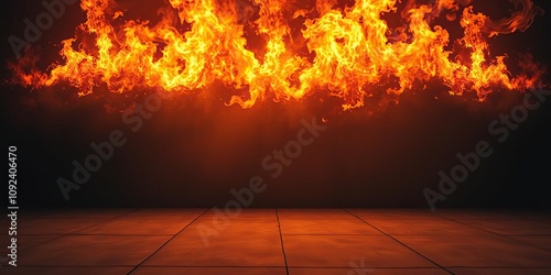 A raging inferno burns fiercely above a bare concrete floor with flames shooting upwards in powerful blasts of heat and light, concrete, chaos photo