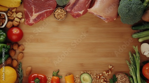 top view of healthy food on wooden table, different digital photo