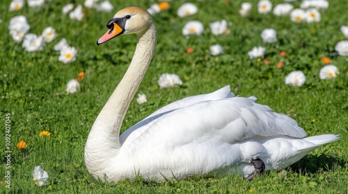 Elegant white swan resting gracefully in a lush green meadow adorned with vibrant wildflowers and scattered daisies. photo