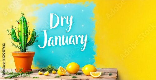 Dry January Cactus with Lemons and Rosemary on Colorful Yellow and Blue Background photo