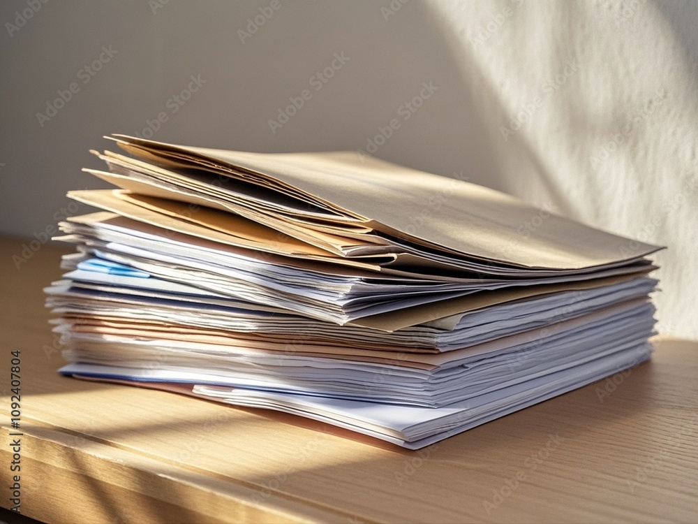 Paper stack on the desk related to business functions. With morning light, soft focus